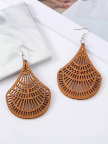 1 Pair Wooden Floral Hollow Fan-Shaped Earrings, European And American Retro Exaggerated Bohemian Geometric Long Earrings - Earrings - View 4