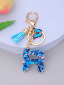 1pc Women's Initial Letter Black Butterfly Glitter Crystal Resin Epoxy Keychain With Butterfly Tassel Decor