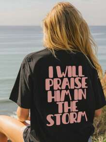 女士夏季口号印花圆领短袖休闲 T 恤 - 黑色 - 查看 5