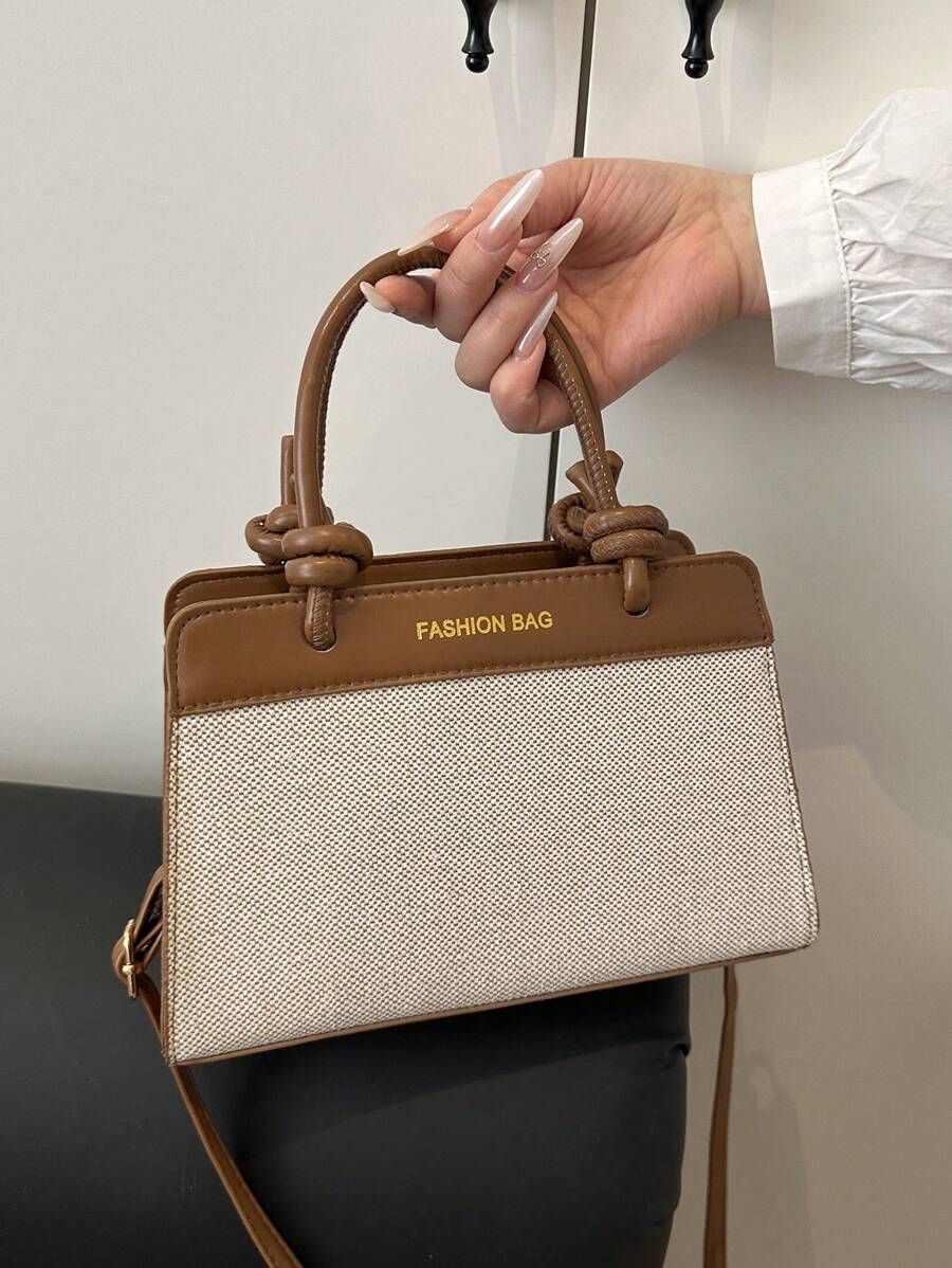 1pc Brown Color Block Pu Leather Women's Handbag, Fashionable Minimalist Square Tote