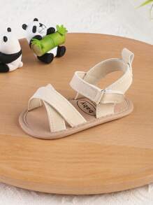 1 Pair Girls Solid Color Striped Hook And Loop Design Sandals/Slippers For Infant Girls 0-1 Years Old, Toddler Shoes, Suitable For Summer - Beige - View 4