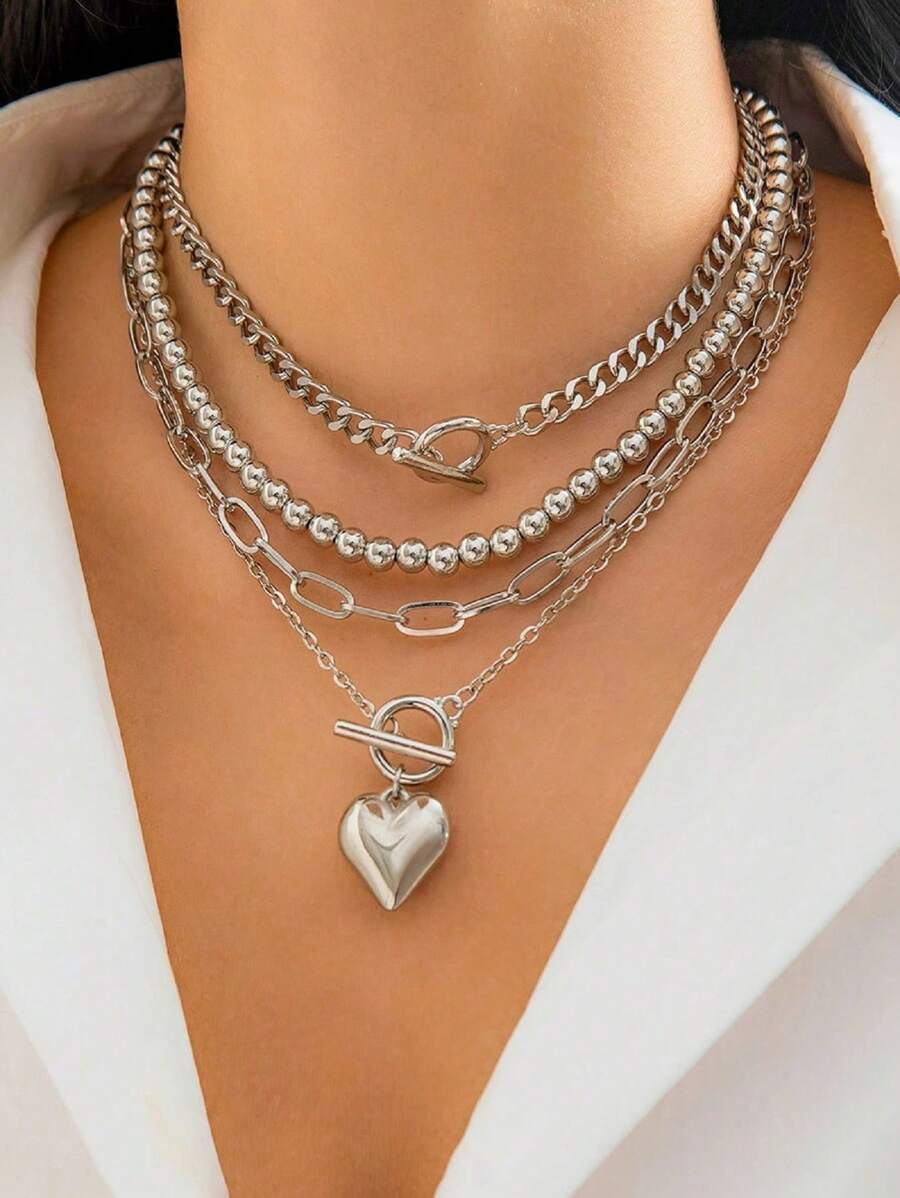4pcs Vintage Necklaces, Heart Pendant Necklace Zinc Alloy Neck Chain, Simple OT Clavicle Necklace For Women