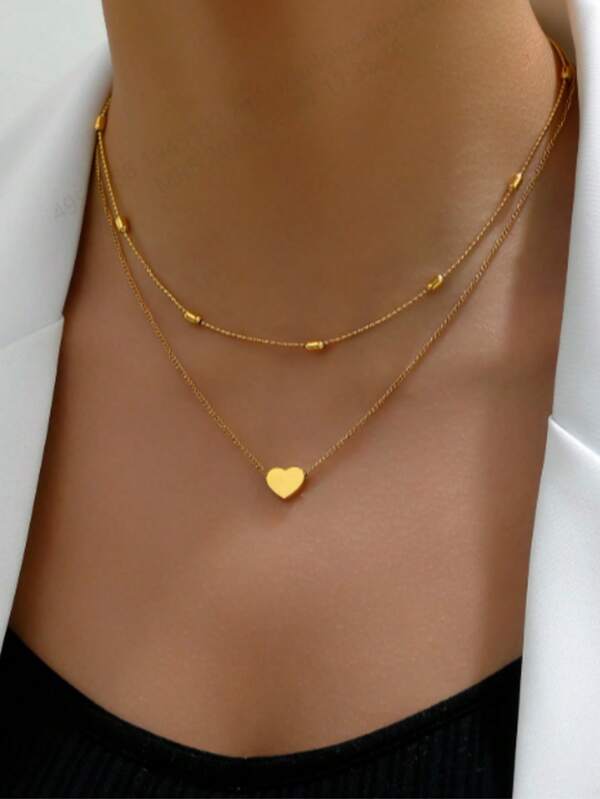 1pc Fashionable Stainless Steel Double Layer Heart Necklace, Minimalist Style For Women, Commuting Accessory