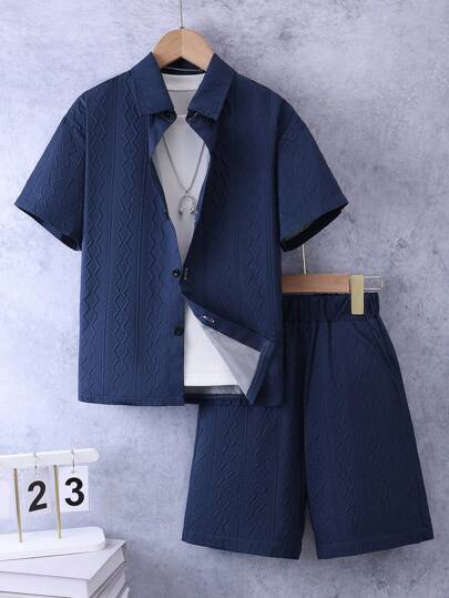Boys' Casual Solid Color Shirt With Embossed Texture Set, Summer