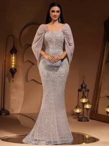 新款时尚高端优雅奢华亮片蕾丝拼接雪纺披肩袖女士美人鱼尾长裙，正式晚礼服，适合宴会、派对、红毯、婚礼宾客、情人节等场合。 - 杏色 - 查看 6