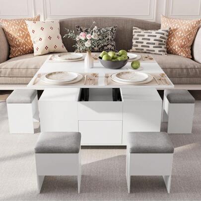  Table basse VOWNER, réglable en hauteur avec 4 tabourets de rangement cachés, table basse relevable, table de salon multifonctionnelle avec 4 tabourets de rangement cachés, peu encombrante, 108 x 106 x 68 cm