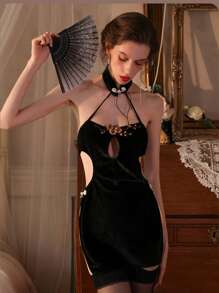 Sexy Plum Blossom Embroidered Chinese Style Lingerie, High-End Corduroy Material Tempting Elegant Sleepwear - Black - View 5