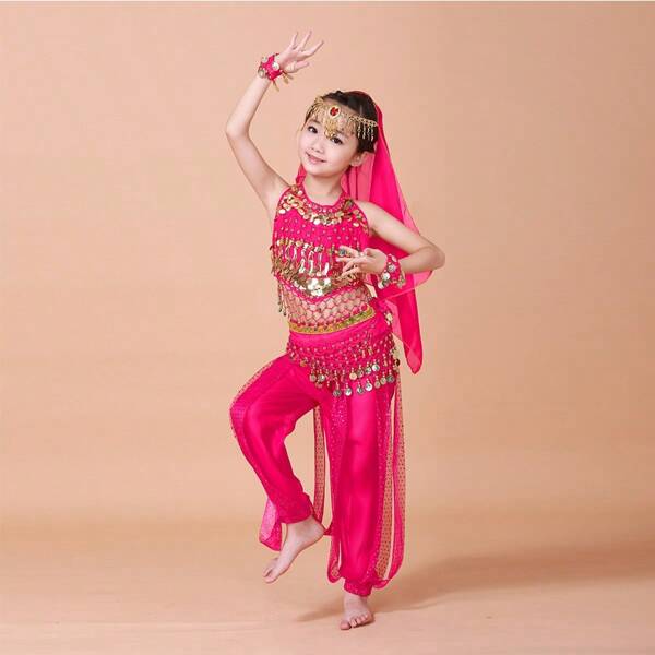 Tween-Mädchen Mädchen-Tanzkostüme 2025 Kinder-Tanzbekleidung Chiffon-Mädchen-Tanz-Outfits Bauchtanz-Mädchen-Bühnenkostüm Halloween-Auftritt 7-teiliges Set Tanz-Stoff-Outfits