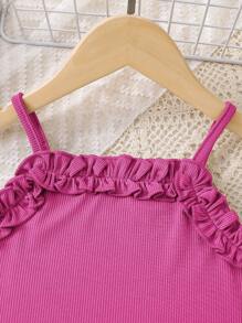 2 件套年轻女孩时尚夏季服装，包括纯色针织吊带背心和蝴蝶印花松紧腰裙，女孩舒适柔软透气百搭休闲户外休闲服 - 粉色 - 查看 3