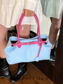 FEISTURE 1 件春夏时尚拼布牛仔手提包，大容量单肩包，带磁性按扣，适合女孩、女士、大学生、年轻专业人士，非常适合工作、商务、通勤、学校 - 淺藍色 - 查看 9