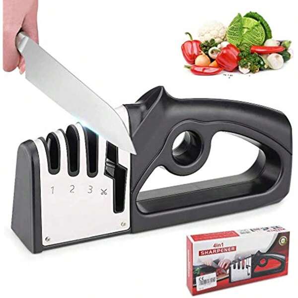 1 pieza Herramienta afiladora de cuchillos y tijeras de 4 en 1 para la cocina, afilador de cuchillos, afiladores de cuchillos para cuchillos de cocina, herramienta afiladora de cuchillos, afilador de cuchillos para cocina y camping al aire libre, afilador de cuchillos con mango, piedra de afilar, accesorios de cocina - Pulido fácil de grueso a medio para herramientas con filo de navaja
