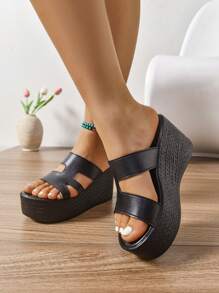 女士黑色厚底厚底坡跟凉鞋，轻便加大码，纯色