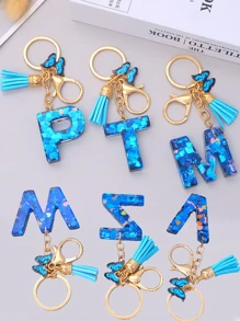 1pc Women's Initial Letter Black Butterfly Glitter Crystal Resin Epoxy Keychain With Butterfly Tassel Decor