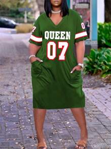Summer Fashion Letter Print Loose V-Neck Dress - Army Green - View 1