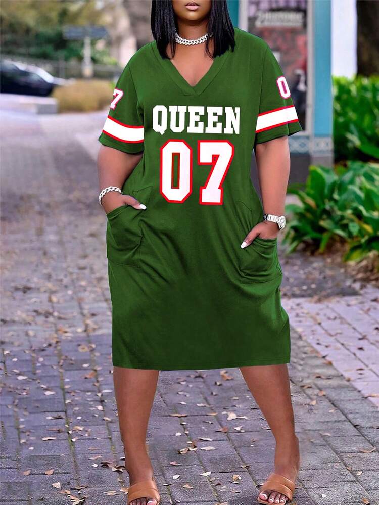 Vestido holgado de verano con estampado de letras, cuello en V, talla grande, elegante - Verde militar - Añade 2