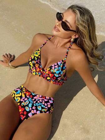 New European And American Cross-Border Split Bikini Women Bikini Sexy High Waist Digital Printing Two-Piece Bikini Summer
