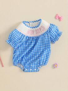 Baby Girl Short Sleeve Romper Letter Embroidered Plaid Smocked Round Neck Ruffled Summer Jumpsuits - Blue - View 3