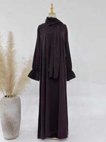 1 件穆斯林女性长袍带头巾，花袖设计，褶皱面料，宽松舒适，适合穆斯林女性日常穿着、祈祷、迪拜时尚、端庄