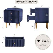 Modern Nightstand Set Of 2 With 2 Drawers & Gold Metal Handle, Fluted Bed Side Table, White Wood End Table With Storage For Bedroom, Living Room - Màu xanh lam - Xem 7