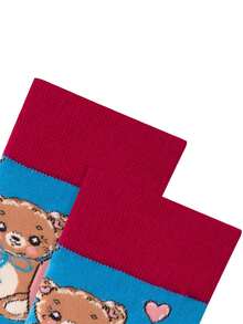 1 pereche de șosete albastre cu urs și inimă de desene animate manșetă roz, ilustrație drăguță a ursului cu design de inimă, șosete casual - Multicolor - Vizualizare 4