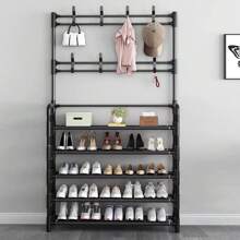 Space-Saving 5-Tier Metal Shoe & Coat Rack - Heavy-Duty 3-In-1 Organizer With 8 Hooks For Hallway, Entryway & Small Spaces, SpringCleaning - Black - View 10