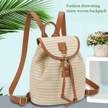 Travel Knotted Drawstring Woven Large Capacity Beach Backpack With Lining, Perfectly Matching With Backpack Accessories, Back To School Essentials - Brown - View 1