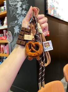 Yogodlns 精致编织面包钥匙扣，巧克力防丢面包钥匙扣，涤纶贝果吊坠挂饰，手工编织绳钥匙扣，巧克力贝果面包钥匙扣，涤纶防丢吊坠，女士礼物 - 彩色 - 查看 7