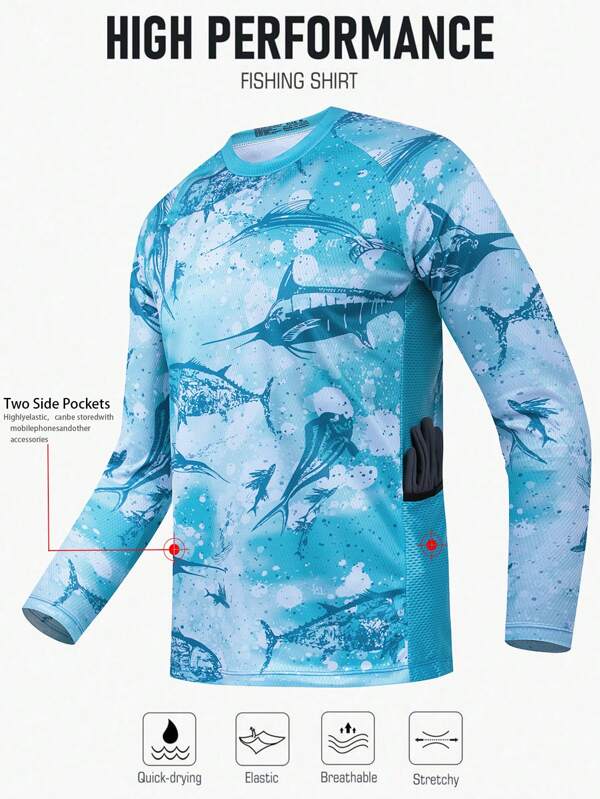 Camisa de pesca para hombre de verano, ropa de alto rendimiento, parte superior de pesca transpirable, camisa de pesca de manga larga con bolsillos a ambos lados
