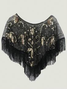 1pc Women's Beaded Sequin Shawl Evening Wrap, Retro Style Lightweight Sparkly Short Bolero - Multicolor - View 16