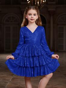 ALISA&LEO Girls' Sequin V-Neck Lantern Sleeve Layered A-Line Sheer Formal Dress, Suitable For Red Carpet, Gala, Black Tie Wedding, Awards Ceremony, Charity Ball And Other Formal Occasions - Royal Blue - View 6