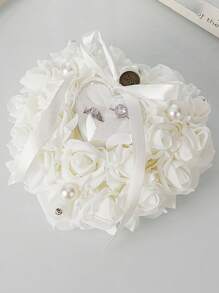 1 件装白色结婚戒指托枕头心形蕾丝玫瑰花水钻珍珠水晶盒适用于婚礼 - 彩色 - 查看 15