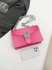 1st Dames krokodillenreliëf strass decor klep ketting crossbody tas, geschikt voor dagelijks gebruik