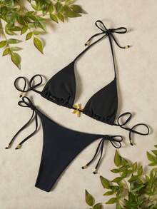 2 件套女士夏季度假泳装套装，露背领口海星金属装饰简约性感比基尼 - 黑色 - 查看 6