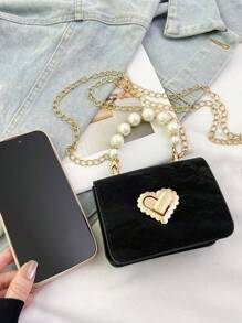Mini Pearl Embellished Girls Handbag With Shoulder Strap - Black - View 3