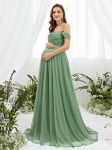Faeriesty Dressalisa Sophisticated Off-Shoulder Backless Babyshower Dresses With Adjustable Back Ties & Flowing A-Line Silhouette – Perfect For Baby Showers, Formal Events, Wedding Receptions, Gala Dinners, And Maternity Photoshoots