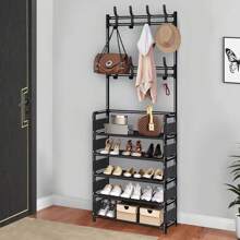 Space-Saving 5-Tier Metal Shoe & Coat Rack - Heavy-Duty 3-In-1 Organizer With 8 Hooks For Hallway, Entryway & Small Spaces, SpringCleaning - Black - View 11