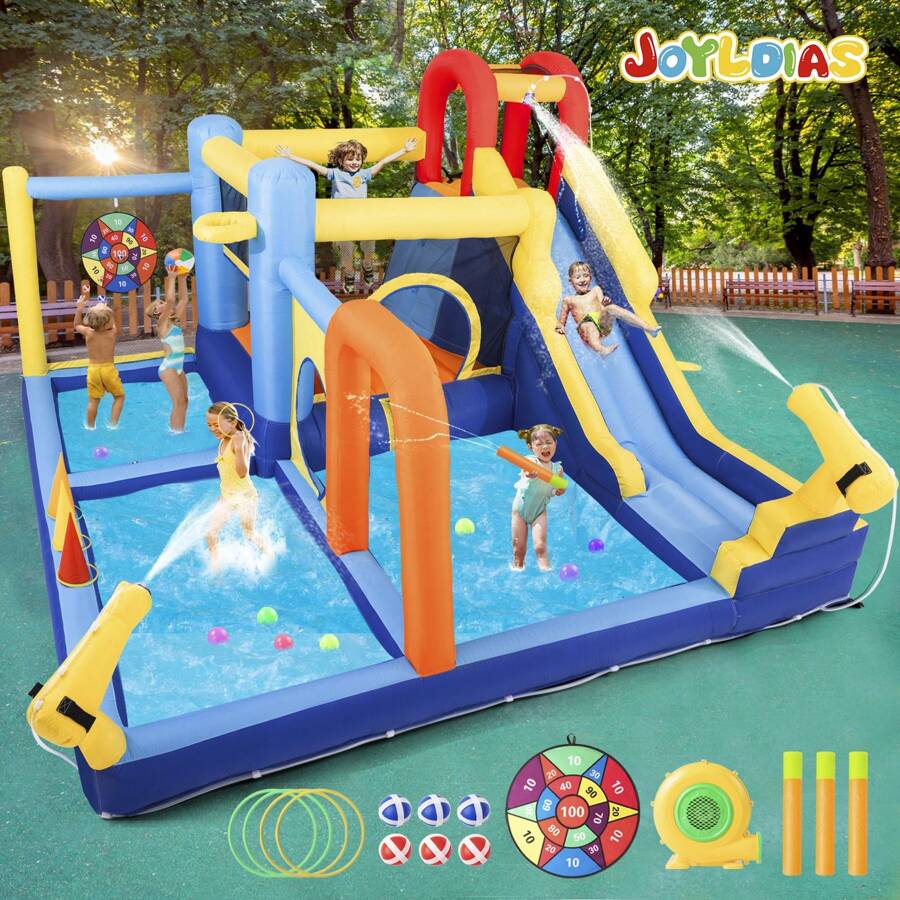 JOYLDIAS Inflatable Water Slide,Inflatable Castle,Water Park Bouncy House,Slide Bouncy Castle Playhouse With Splash Pool,Climbing Wall,Trampoline,Felt Ball Goal,Children's Outdoor Hoop Toss,550W Blower,Summer Gift For Boys And Girls - 美規B型插(110-127V) - 查看 1