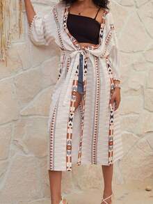 女士几何印花蝙蝠袖长袖系带度假和服罩衫 - 白色 - 查看 2