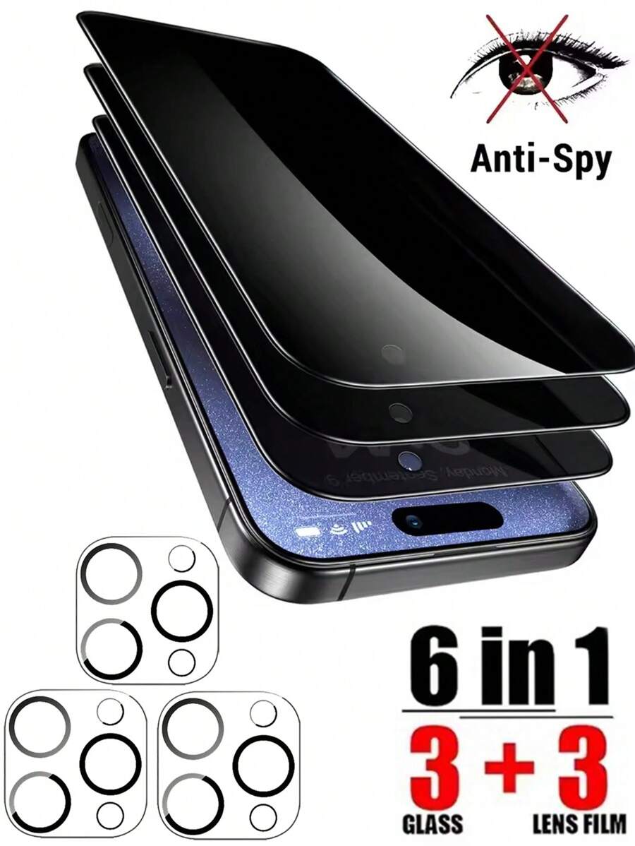 Protector de pantalla de vidrio de privacidad 6 en 1 compatible con iPhone 15, 13, 16, 14, 11, 12 Pro Max, 13, 15. Película protectora de vidrio para lente de cámara compatible con iPhone 14, 15, 16 Plus
