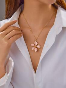 1pc Fashion Teardrop Glazed Pink & Red Flower Pendant Necklace, Burgundy Flower Charm Necklace, Daily Wear Accessory For Women - Multicolor - View 6