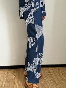 波西米亚风女士宽松鱼鳞印花休闲裤，适合早午餐穿着，春夏皆宜 - 藏蓝色 - 查看 2