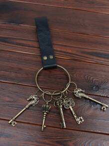 1pc Retro Hollow Skeleton Key Chain, Antique Bronze/Brass Tone Mixed Pendant For DIY, Wedding/Party Favors, Halloween Stage Props, Cosplay Accessories, Wall Decor, PU Leather Keychain For Halloween LARP - A - View 4