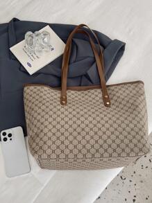 حقيبة كتف كبير بطباعة متكررة مقبض مزدوج للعمل