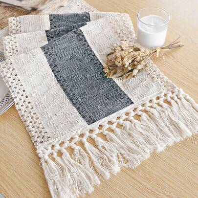 1pc Boho Table Runner Short, Summer Table Runners With Tassels, Macrame Dresser Runner Cover Top For Bohemian Wedding Bridal Shower, Farmhouse Table Decor, 12 X 48 Inches (Black & Beige)