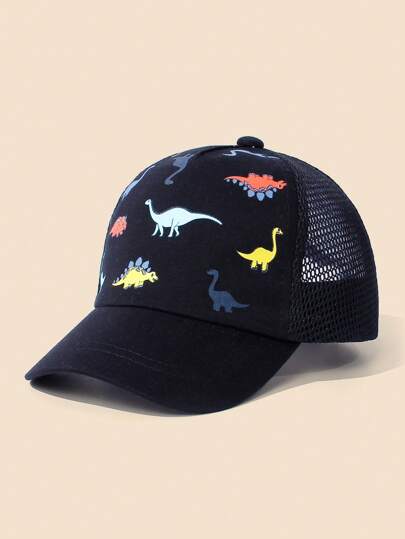 1pc Baby Animal Pattern Black Hat Outdoor Sun Ion Dinosaur Print Mesh Baseball Cap, Suitable For Holiday & Birthday