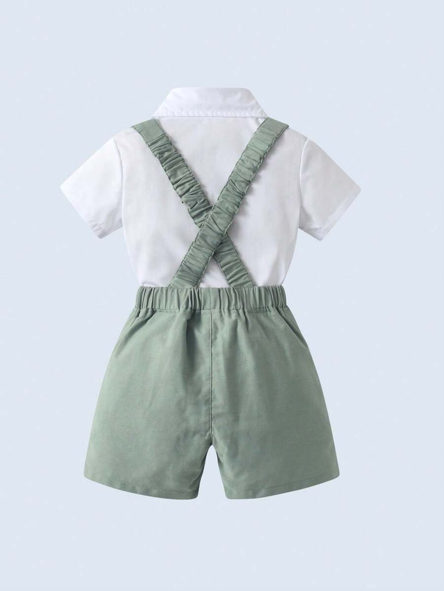 BOARNSEORL 2pcs Young Boys Gentleman Outfit, White Shirt With Bowknot And Light Green Suspender Shorts, Fashionable And Stylish For Birthday Party, Wedding, Pageboy, Daily Wear, Summer - Green - View 1