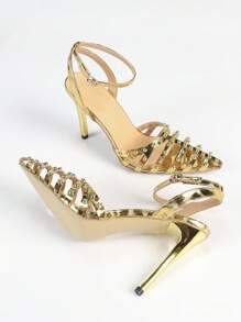 女士尖头铆钉装饰细高跟凉鞋，银色镂空踝带，2025 年夏季新品