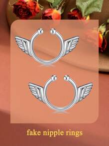 2pcs Adjustable Non-Piercing Nipple Rings – Wing-Shaped Dangles With Red Waterdrop & Blue Snowflake CZ, 316L Stainless Steel Faux Jewelry For Women & Girls (Silvery/Rose Golden/Black)