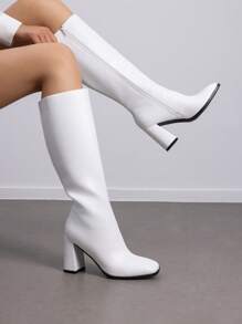 Women's Chunky Heel Go-Go Boots - Square Toe Knee High Side Zip Tall Boots For Casual, Retro, Party - trắng - Xem 3