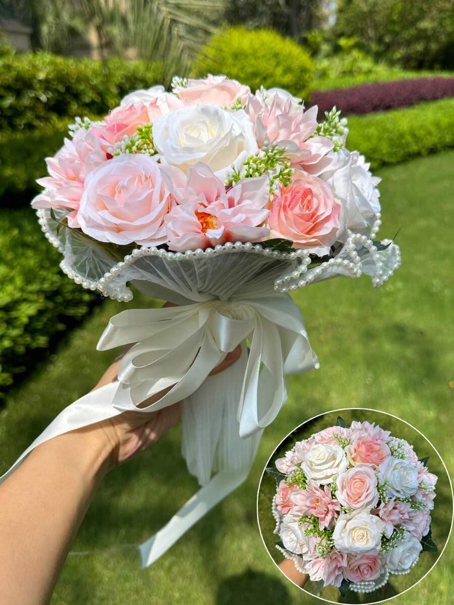 1 件新娘婚礼花束人造花束用于婚礼丝绸新娘伴娘手捧花花束用于情人节装饰婚礼派对用品家居装饰仿珍珠蕾丝网玫瑰花束情人节情人节 - 彩色 - 查看 1